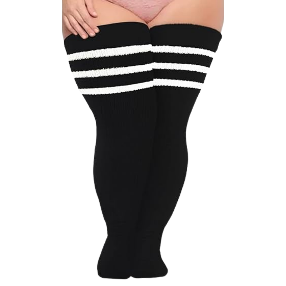 Toe Reinforced Women's Thigh High Socks -Black White - Ozerty